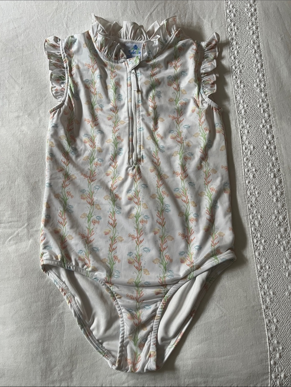 Eyelet & Ivy Ruffle Trim Zip Front Lined Swimsuit, Size 12